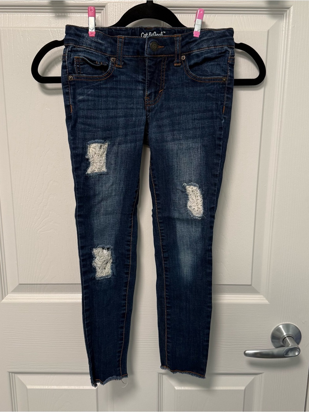 Cat & Jack Girls Youth Dark Denim Distressed Jeans Jeggings Sz 7 EUC